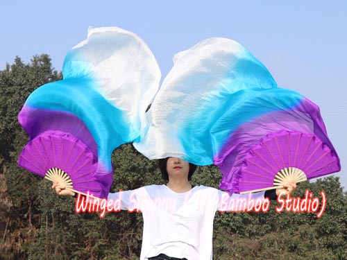 1.5m purple-turquoise-white belly dance silk fan veil - Click Image to Close