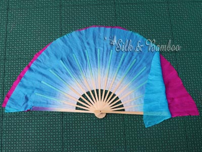 white-turquoise/fuchsia Chinese silk short flutter dance fan - Click Image to Close