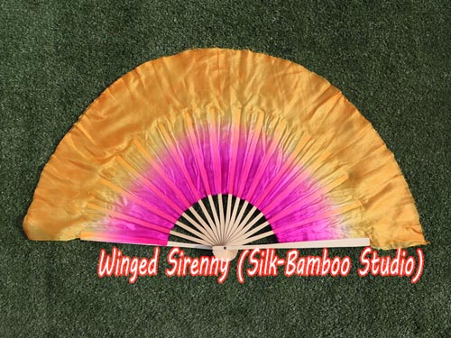 Pink-orange Chinese silk short flutter dance fan - Click Image to Close