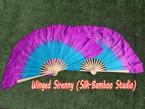 Turquoise-purple Chinese silk short flutter dance fan - Click Image to Close