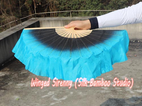Black-turquoise short Chinese silk dance fan flutter - Click Image to Close