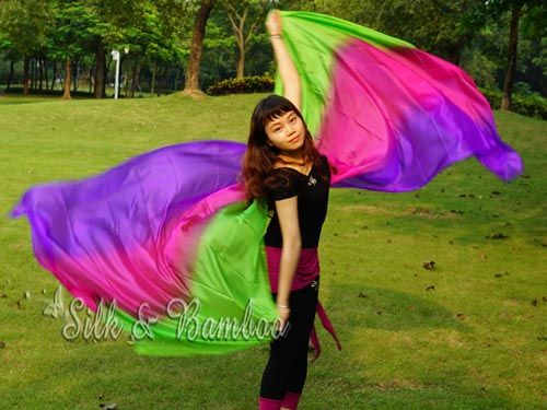 2.7m*1.1m green-pink-purple 5mm silk belly dance silk veil - Click Image to Close