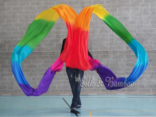 1 set 8mm silk 12m*0.54m Chinese dance ribbon, Reverse Rainbow